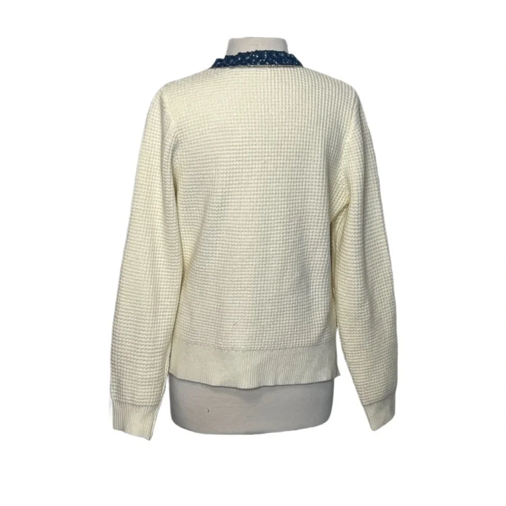 Nanette Lepore Waffle Knit Cardigan Medium Cream Tweed Denim Floral Trim Preppy